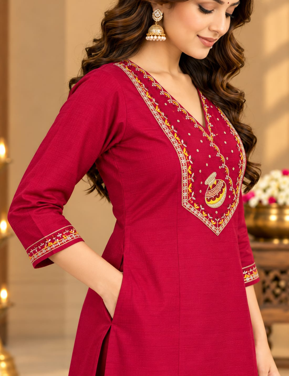 Crimson Red Vichitra Side Cut Kurti with Traditional Pot Motif Yoke Embroidery with Lining HCK42