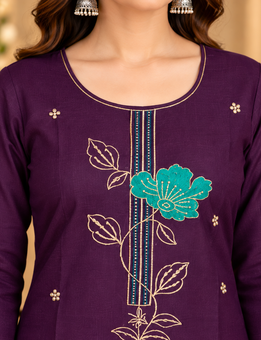Dark Violet Vichitra Silk Embroidered Side Cut Kurti with Lining HCK43