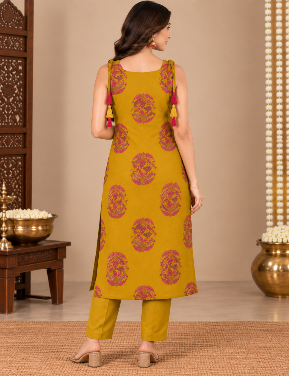 Mustard Yellow Cotton Floral Printed Sleeveless Kurti Set with Neck Mirror Work and Tassels HC2P15