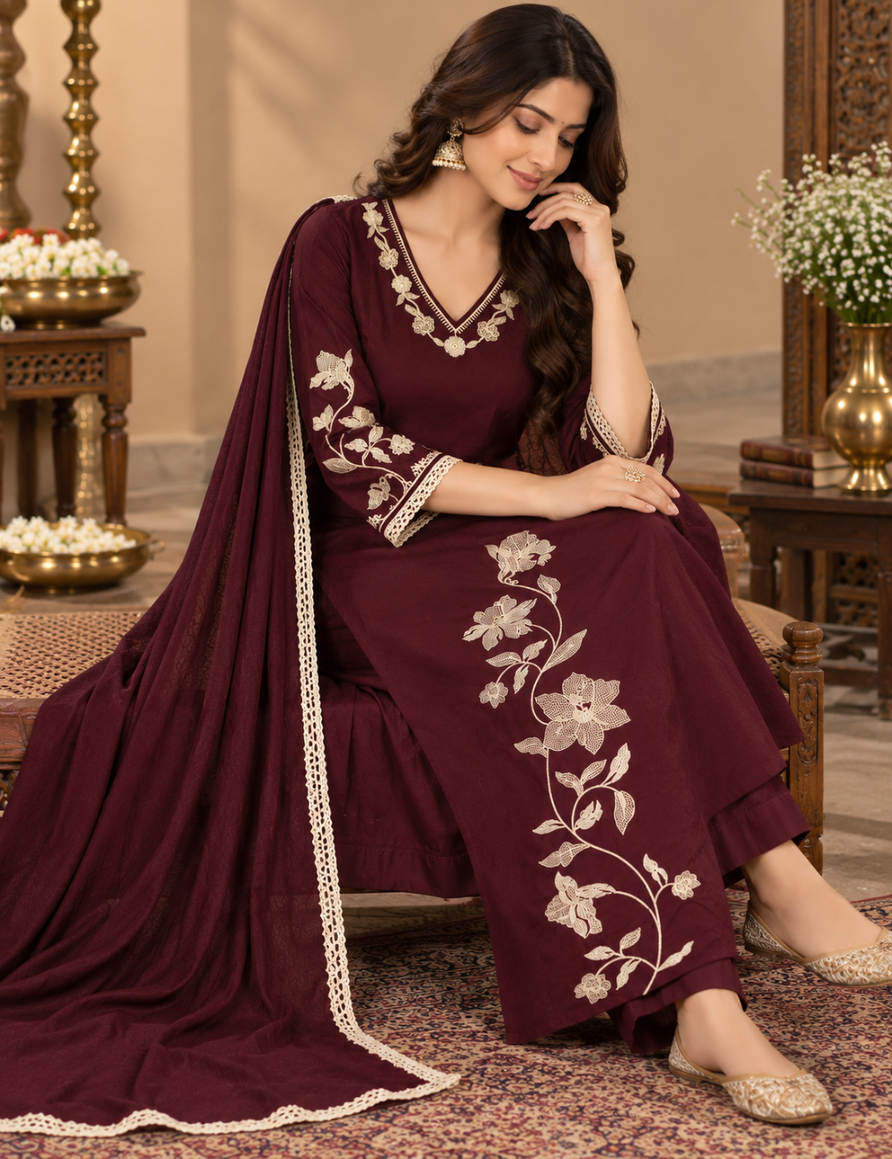 Dark Maroon Floral Thread Embroidered Dabbu Cotton 3-Piece Suit Set with Matching Dupatta HC3P32