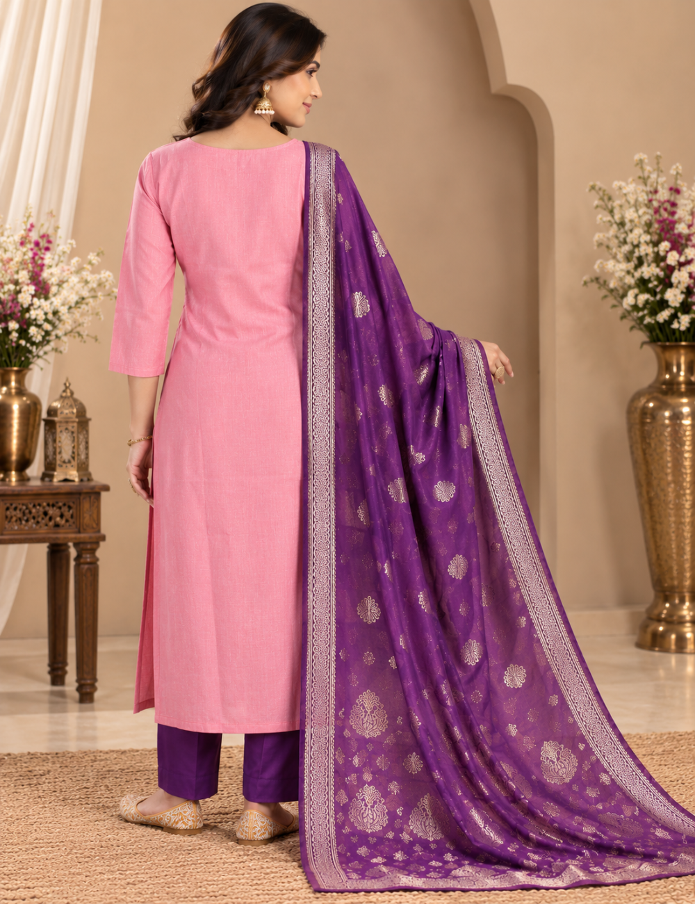Pastel Pink & Purple Vatican Silk 3-Piece Suit Set with Hand-Embroidered Floral Yoke & Contrast Banarasi-Style Dupatta HC3P08