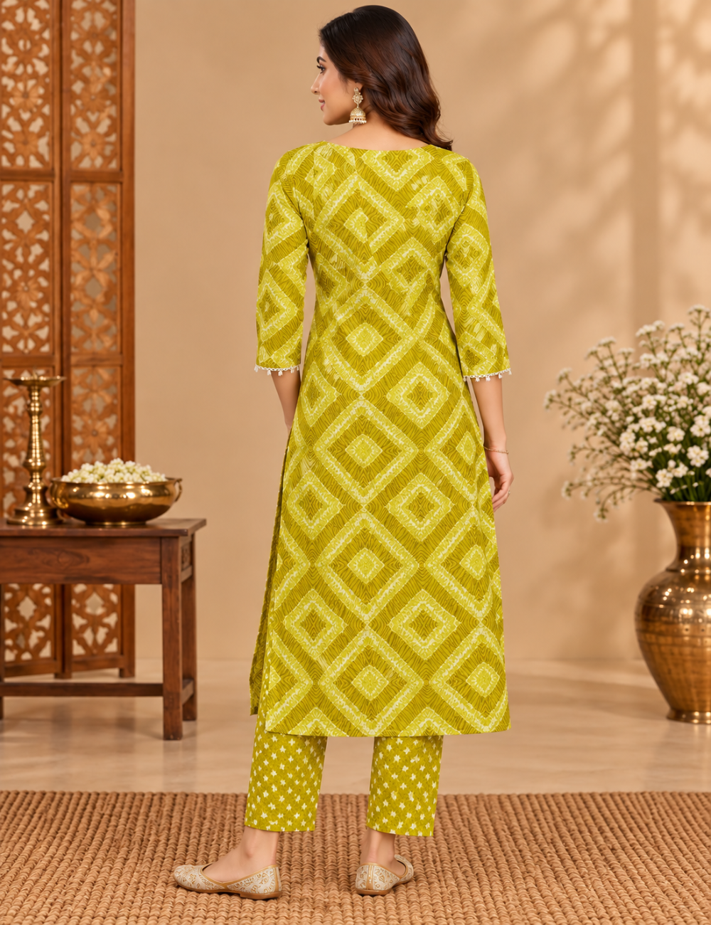 Lime Yellow Geometric Print 2 Piece Cotton Kurti with Notch Neckline & Zari Embroidery HC2P10