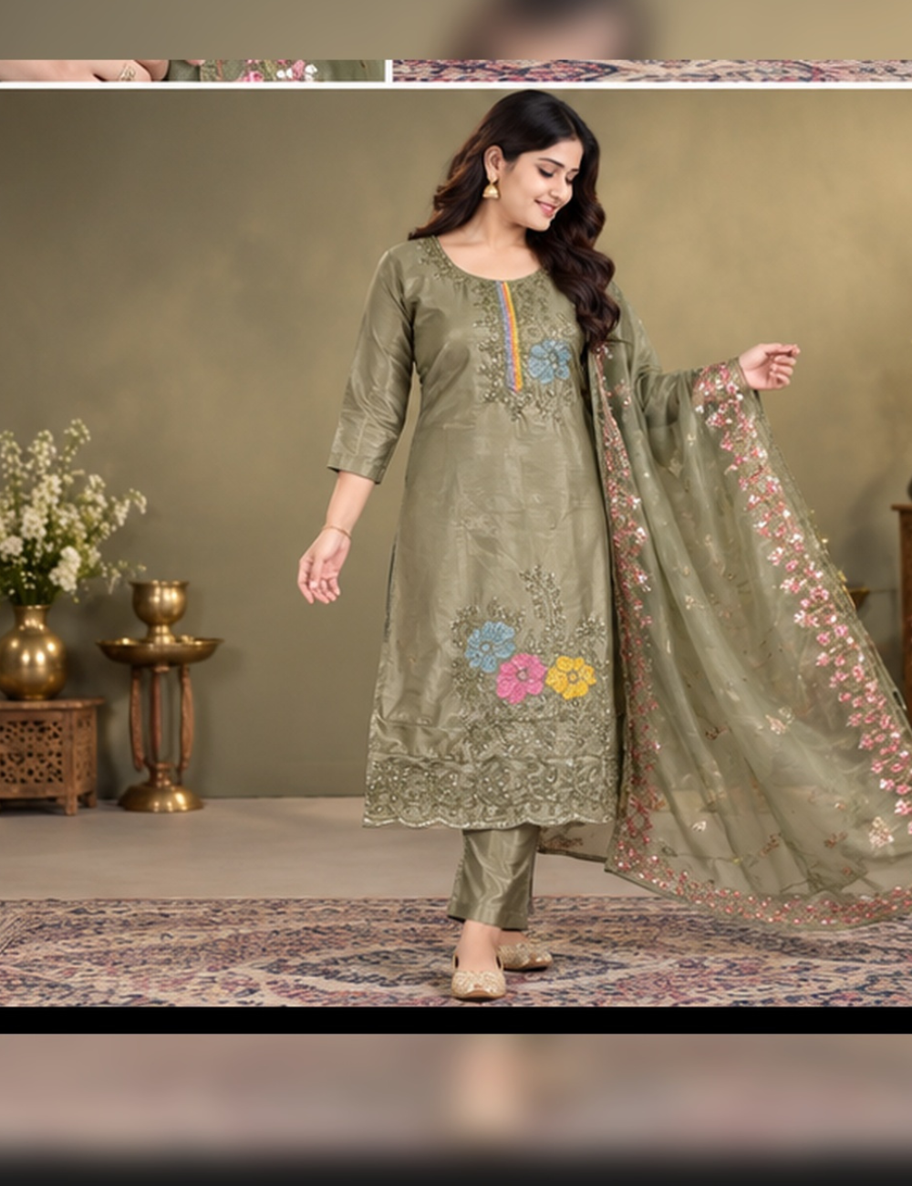 GrayCopper shade Embroidered glassy Silk Blend 3-Piece Ethnic Suit Set with Floral Matching Dupatta HC3P18