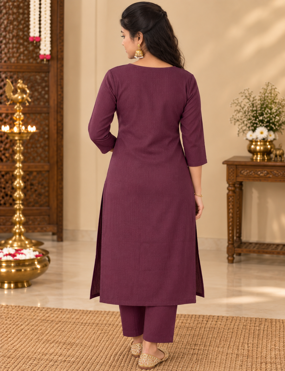 Wine Color Vatican Straight Kurti Set with V-Neckline, Floral Embroidery, Mirror Work, and Matching Trousers HC2P06