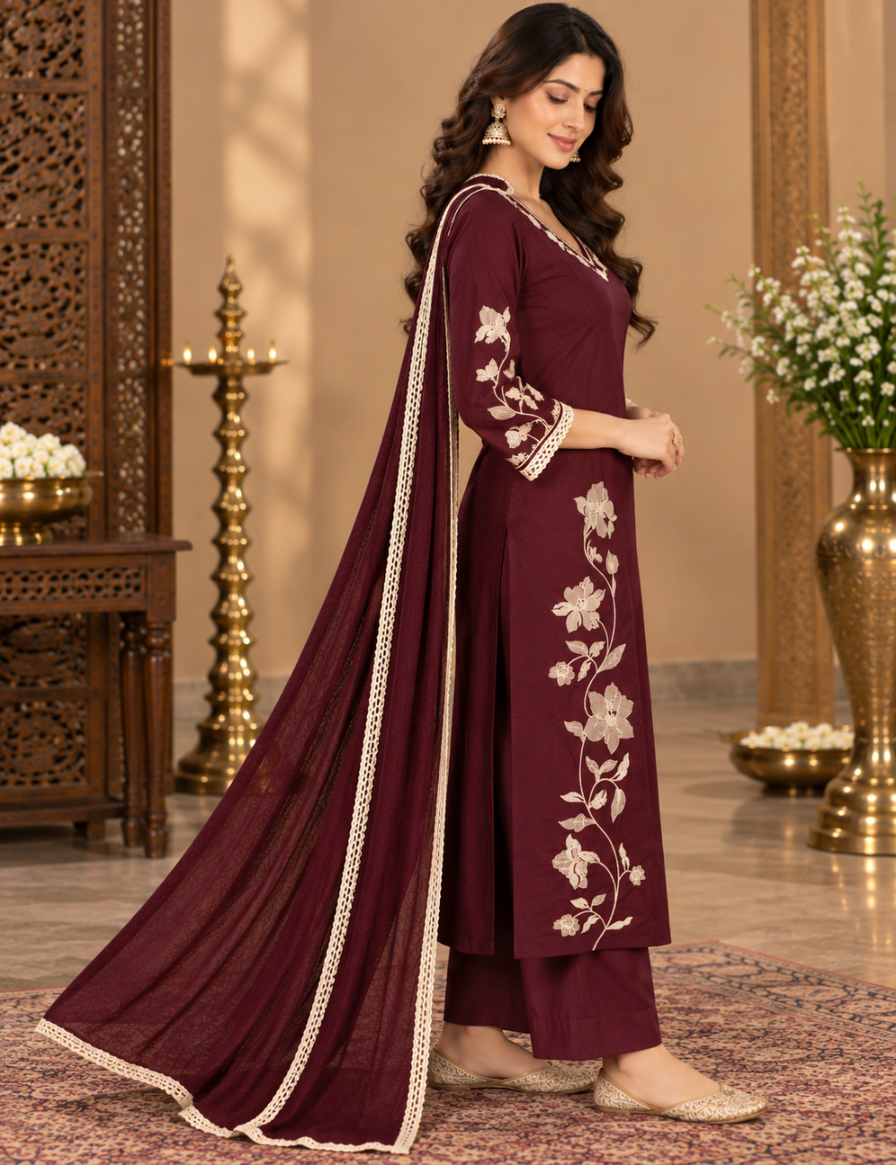 Dark Maroon Floral Thread Embroidered Dabbu Cotton 3-Piece Suit Set with Matching Dupatta HC3P32
