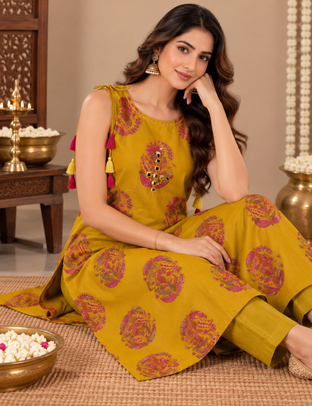 Mustard Yellow Cotton Floral Printed Sleeveless Kurti Set with Neck Mirror Work and Tassels HC2P15