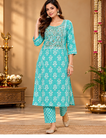 Bright Cyan Geometric Print 2 Piece Cotton Kurti with Notch Neckline & Zari Embroidery HC2P09