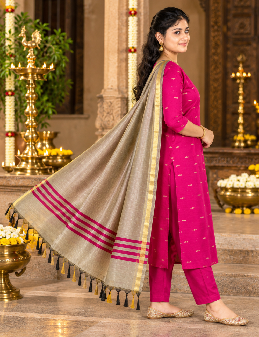 Magenta Pink Zari-Woven Raw Silk 3-Piece Set: Scalloped Neckline & Contrast Dupatta HC3P35