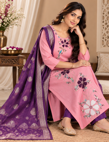 Pastel Pink & Purple Vatican Silk 3-Piece Suit Set with Hand-Embroidered Floral Yoke & Contrast Banarasi-Style Dupatta HC3P08