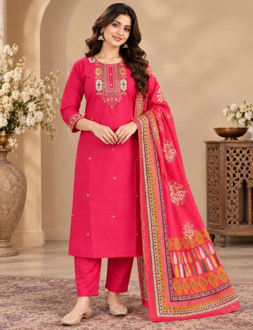 Vibrant Pink Embroidered Roman Silk 3-Piece Ethnic Suit Set with Floral Dupatta HC3P19