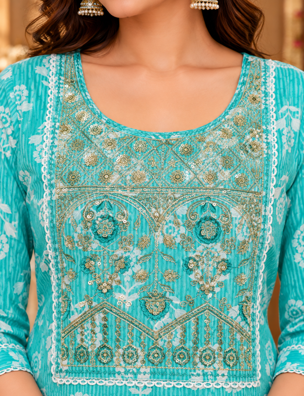 Bright Cyan Geometric Print 2 Piece Cotton Kurti with Notch Neckline & Zari Embroidery HC2P09