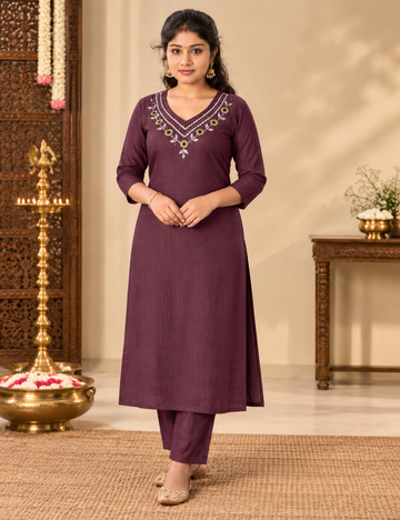 Wine Color Vatican Straight Kurti Set with V-Neckline, Floral Embroidery, Mirror Work, and Matching Trousers HC2P06
