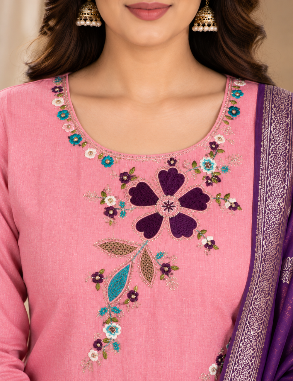 Pastel Pink & Purple Vatican Silk 3-Piece Suit Set with Hand-Embroidered Floral Yoke & Contrast Banarasi-Style Dupatta HC3P08