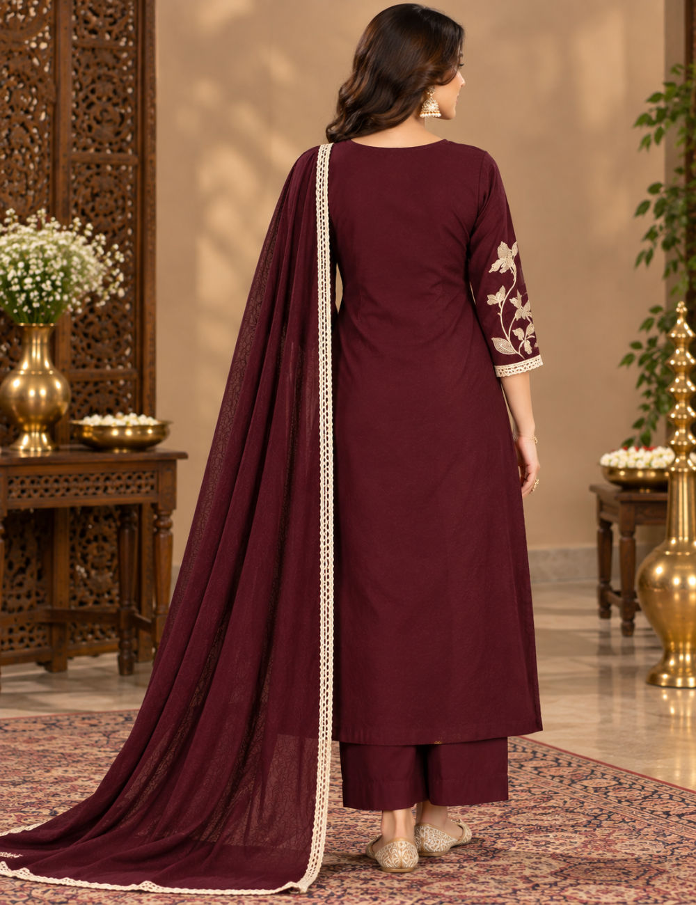 Dark Maroon Floral Thread Embroidered Dabbu Cotton 3-Piece Suit Set with Matching Dupatta HC3P32