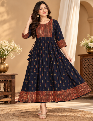 Navy Blue Cotton Full Umbrella Kurti with Rich Printed Yoke and Border HCU02