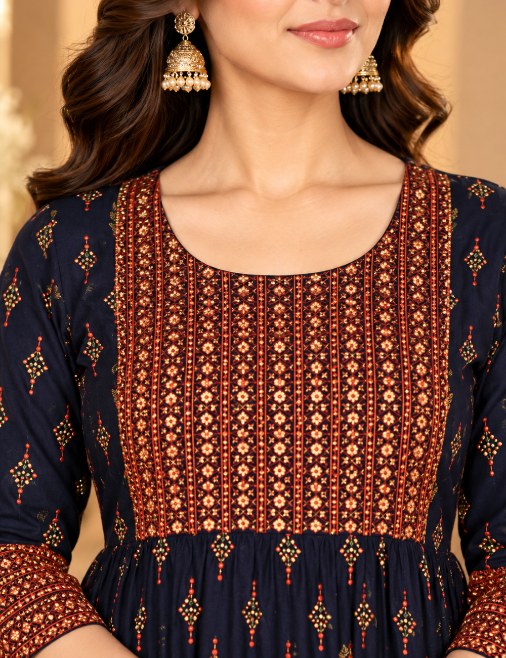 Navy Blue Cotton Full Umbrella Kurti with Rich Printed Yoke and Border HCU02