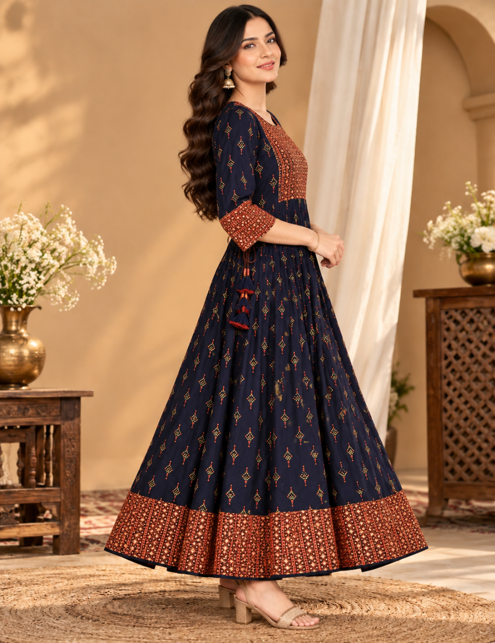 Navy Blue Cotton Full Umbrella Kurti with Rich Printed Yoke and Border HCU02