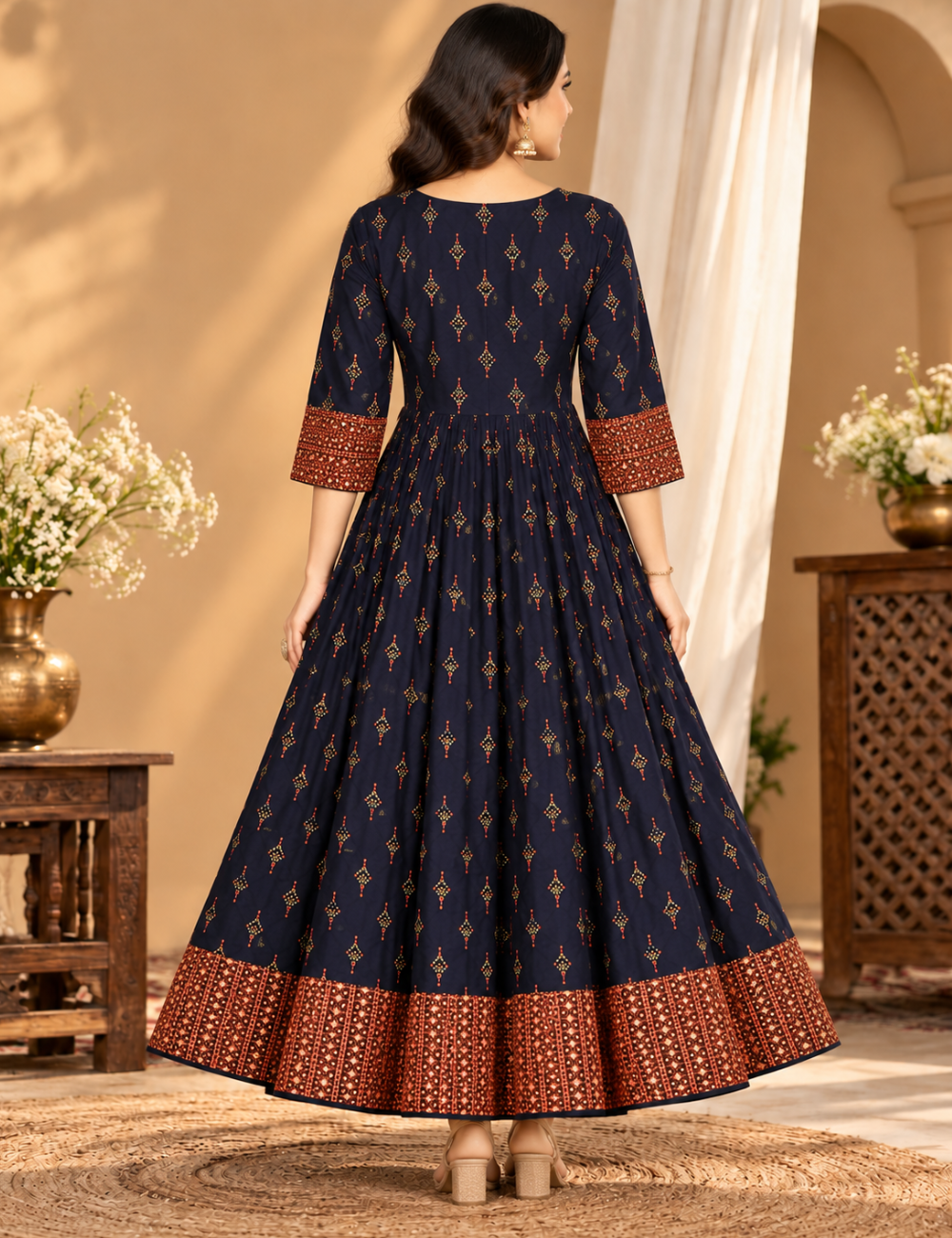 Navy Blue Cotton Full Umbrella Kurti with Rich Printed Yoke and Border HCU02