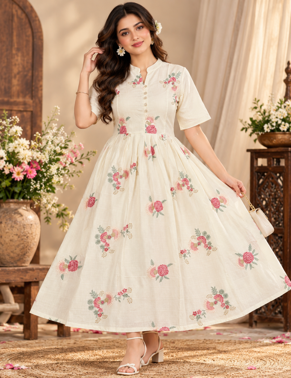Off-White Full Umbrella Kurti with Floral Embroidery and Mandarin Collar HCU01