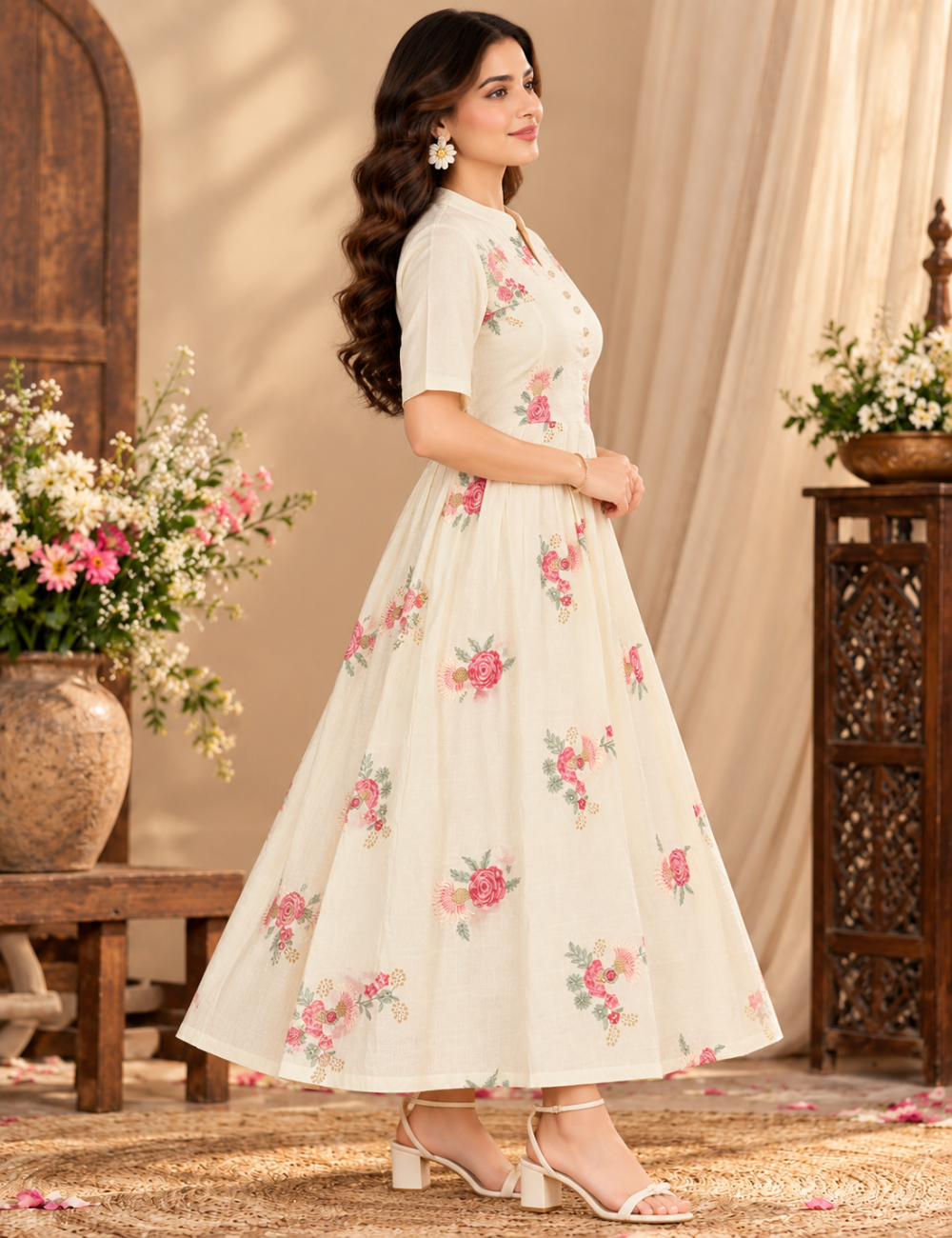Off-White Full Umbrella Kurti with Floral Embroidery and Mandarin Collar HCU01