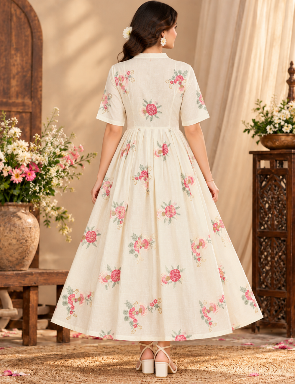 Off-White Full Umbrella Kurti with Floral Embroidery and Mandarin Collar HCU01