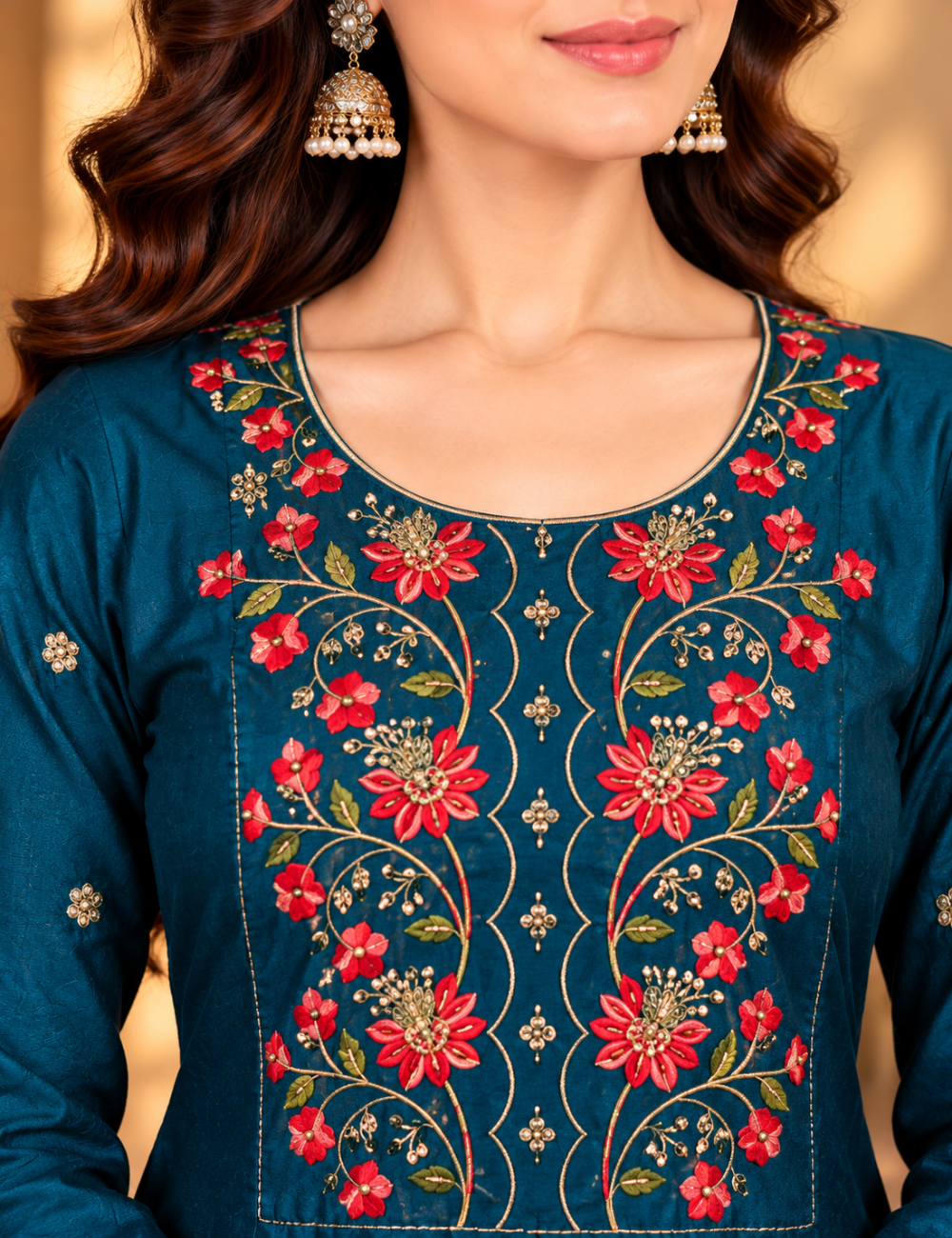 Dark Azure Blue Vichitra Silk Side Cut Kurti(with Lining) with Round-Neckline and Floral Yoke Embroidery HCK08