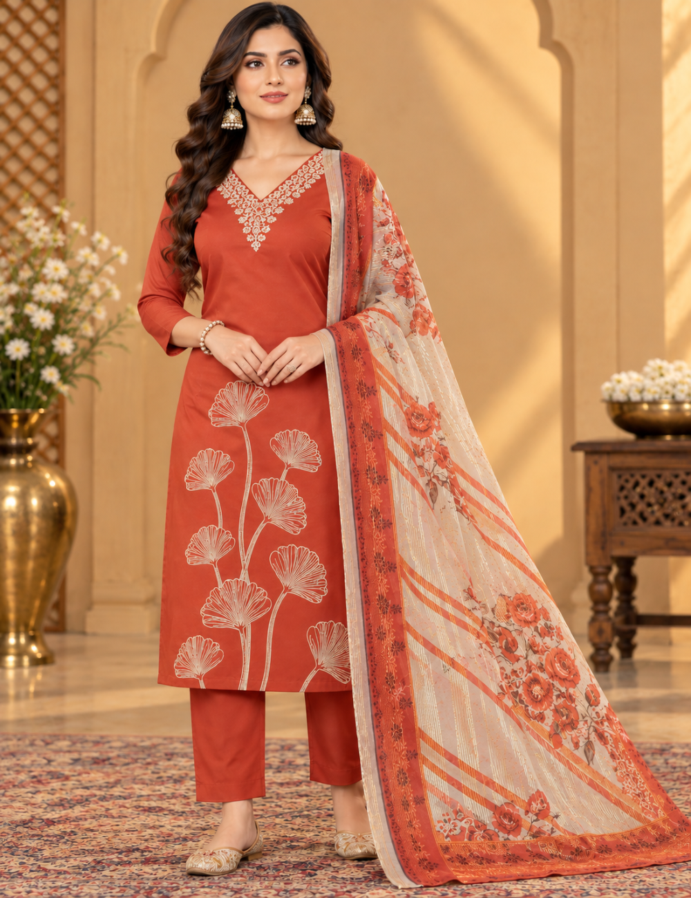 Red-Orange Roman Silk Embroidered 3 Piece Set with Pants and Dupatta HC3P01