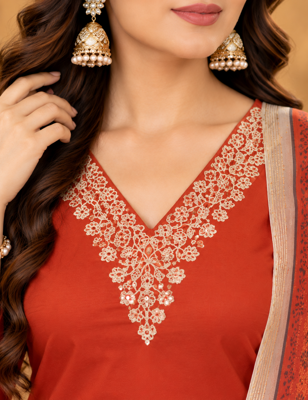 Red-Orange Roman Silk Embroidered 3 Piece Set with Pants and Dupatta HC3P01