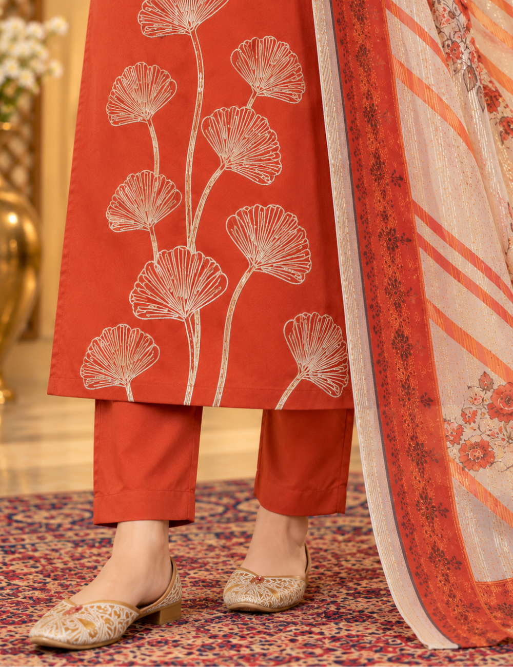Red-Orange Roman Silk Embroidered 3 Piece Set with Pants and Dupatta HC3P01