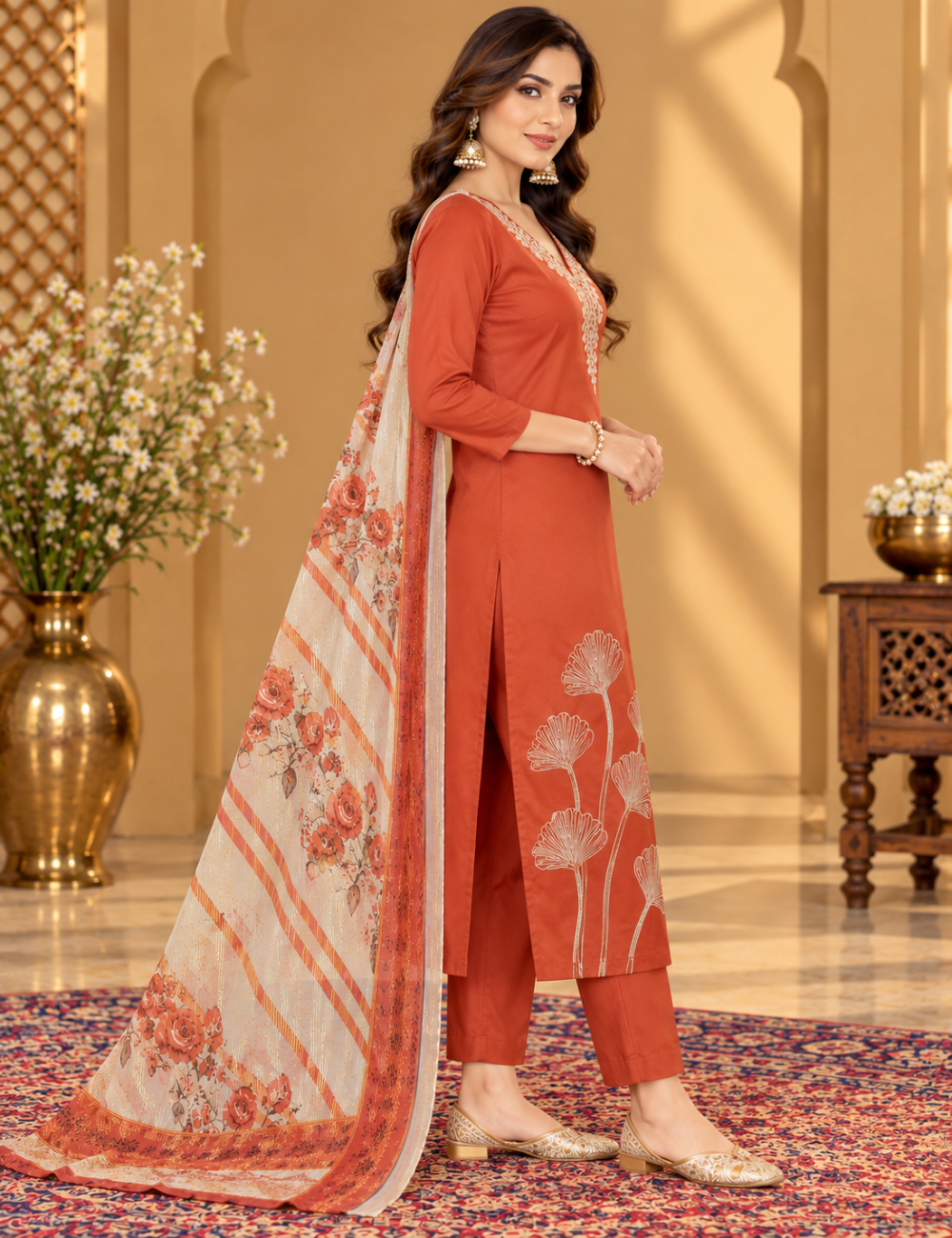 Red-Orange Roman Silk Embroidered 3 Piece Set with Pants and Dupatta HC3P01