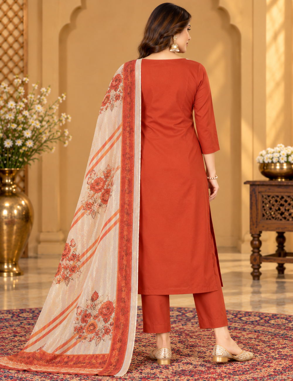 Red-Orange Roman Silk Embroidered 3 Piece Set with Pants and Dupatta HC3P01